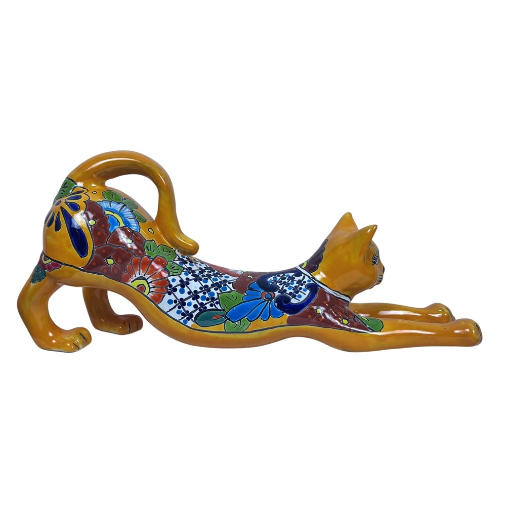 Talavera Mexican Pottery Stretching Cat Figurine Hand Painted Floral